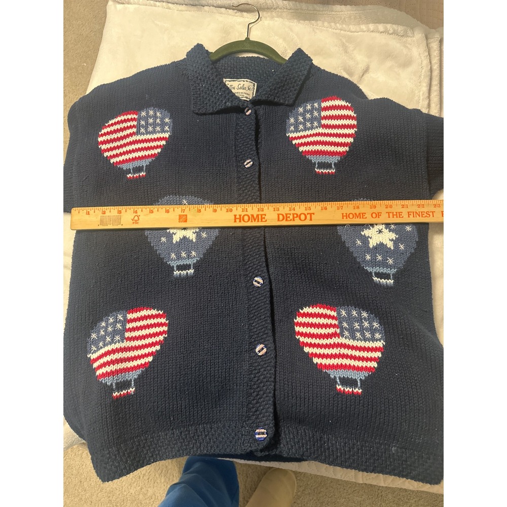 Vintage Patriotic Hot Air Balloon Cardigan Navy Cotton hand Knit Peru read - Picture 10 of 11